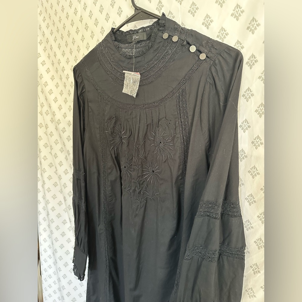 J. Crew Black Button Neck Embroidered Dress